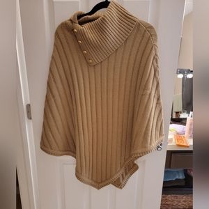MICHAEL KORS BEIGE TURTLENECK SHAKER STITCH PONCHO SWEATER